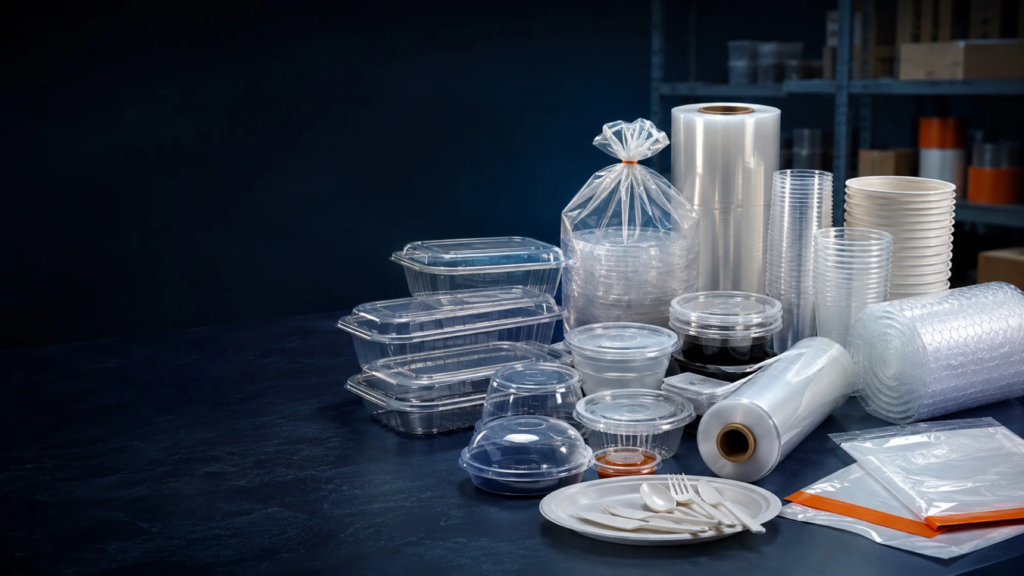 Plastic food containers, films, cups, bags and protective packaging arranged in a warehouse studio